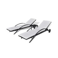 Chaises longues avec table Résine tressée Noir