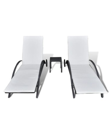 Chaises longues avec table Résine tressée Noir