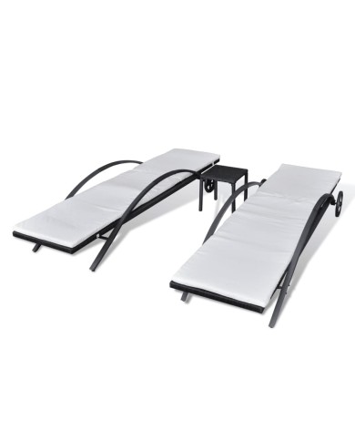 Chaises longues avec table Résine tressée Noir