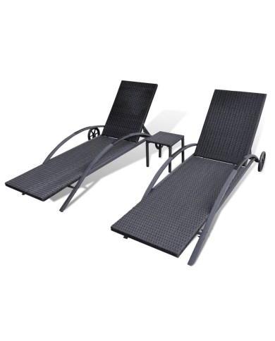 Chaises longues avec table Résine tressée Noir
