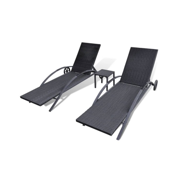 Chaises longues avec table Résine tressée Noir