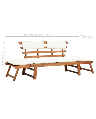Banc de jardin avec coussins 2-en-1 190 cm Bois solide d'acacia