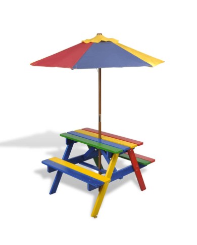 Table et bancs de pique-nique avec parasol pour enfants Bois
