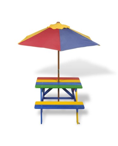 Table et bancs de pique-nique avec parasol pour enfants Bois