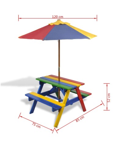 Table et bancs de pique-nique avec parasol pour enfants Bois
