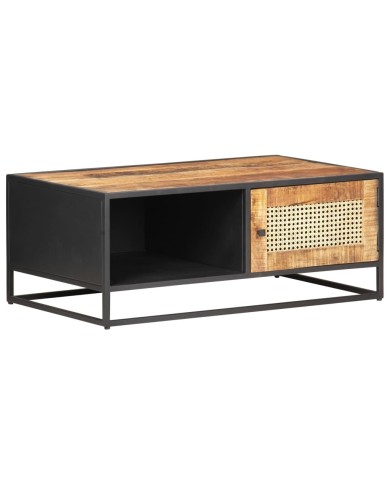Table basse 90x50x35cm Bois de manguier brut et canne naturelle