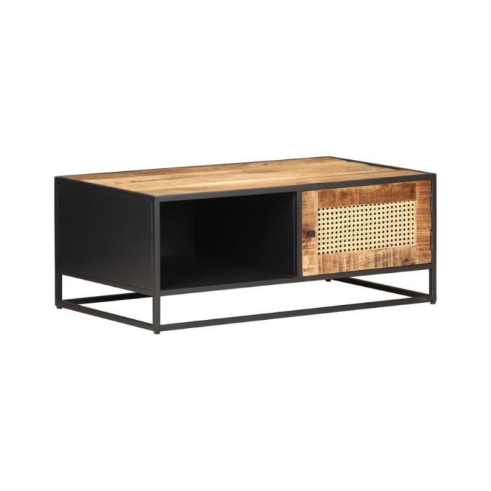 Table basse 90x50x35cm Bois de manguier brut et canne naturelle