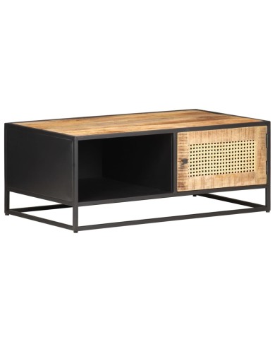 Table basse 90x50x35cm Bois de manguier brut et canne naturelle