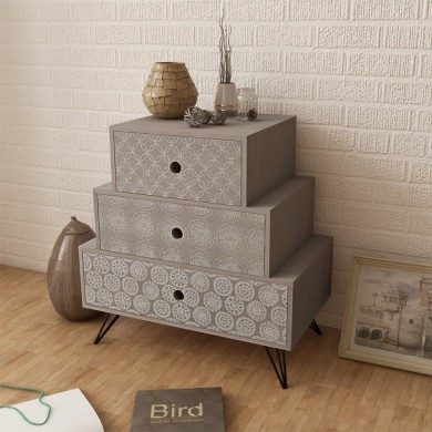 Table de chevet avec 3 tiroirs Gris et marron