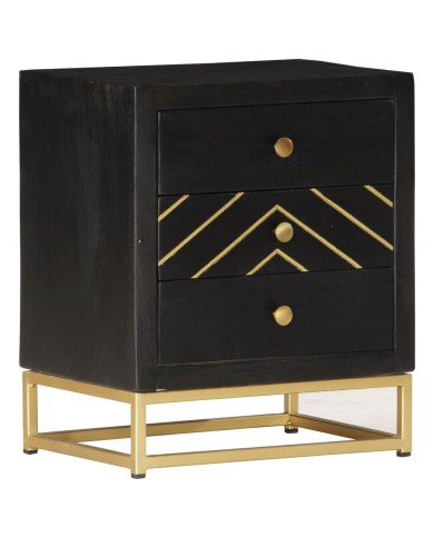 Table de chevet Noir et doré 40x30x50cm Bois de manguier massif