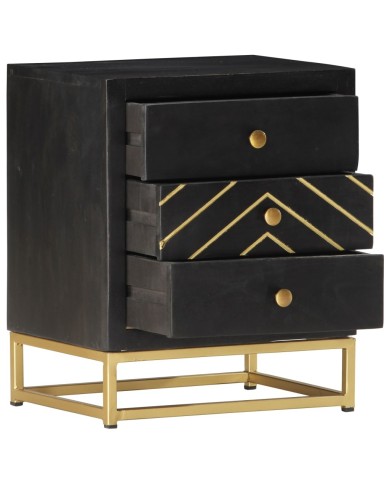 Table de chevet Noir et doré 40x30x50cm Bois de manguier massif