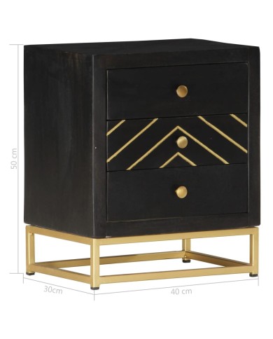 Table de chevet Noir et doré 40x30x50cm Bois de manguier massif