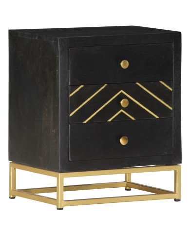 Table de chevet Noir et doré 40x30x50cm Bois de manguier massif
