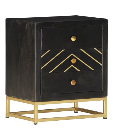 Table de chevet Noir et doré 40x30x50cm Bois de manguier massif