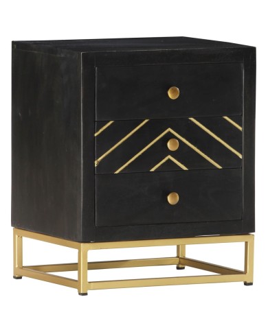 Table de chevet Noir et doré 40x30x50cm Bois de manguier massif