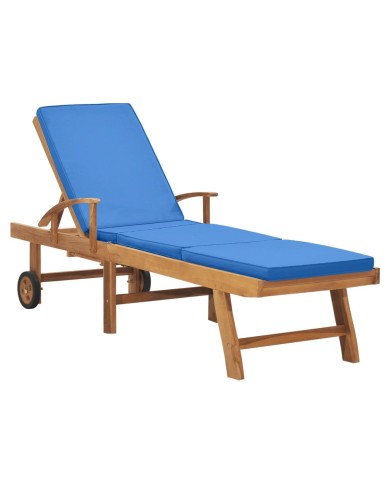 Chaise longue avec coussin Bois de teck solide Bleu