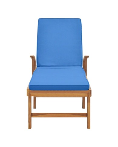 Chaise longue avec coussin Bois de teck solide Bleu