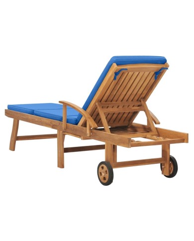 Chaise longue avec coussin Bois de teck solide Bleu