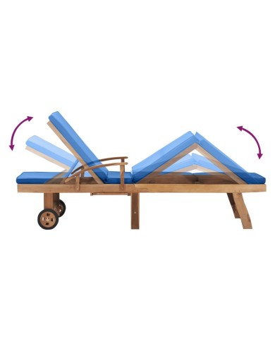 Chaise longue avec coussin Bois de teck solide Bleu