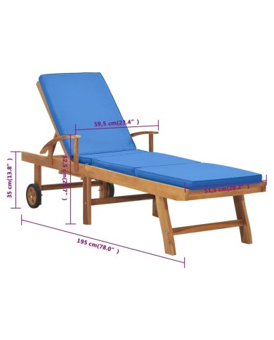 Chaise longue avec coussin Bois de teck solide Bleu