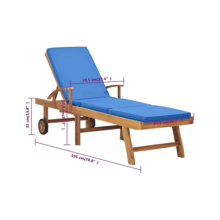 Chaise longue avec coussin Bois de teck solide Bleu