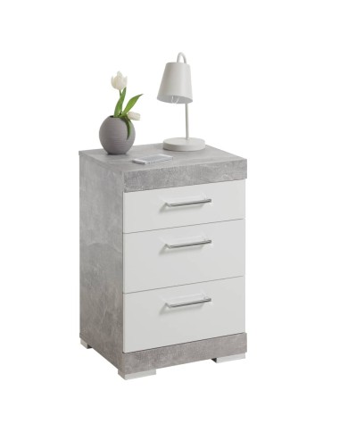 FMD Table de chevet avec 3 tiroirs Gris béton et blanc brillant