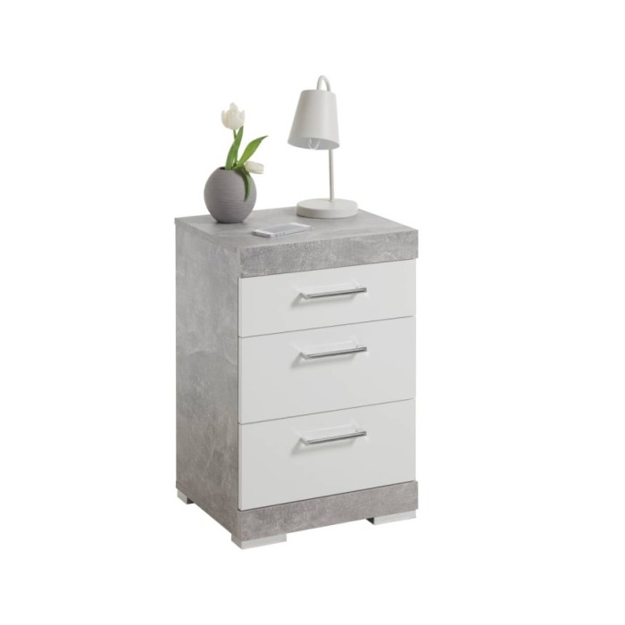 FMD Table de chevet avec 3 tiroirs Gris béton et blanc brillant