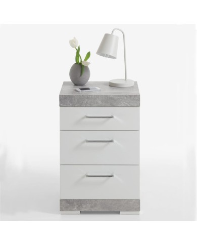 FMD Table de chevet avec 3 tiroirs Gris béton et blanc brillant