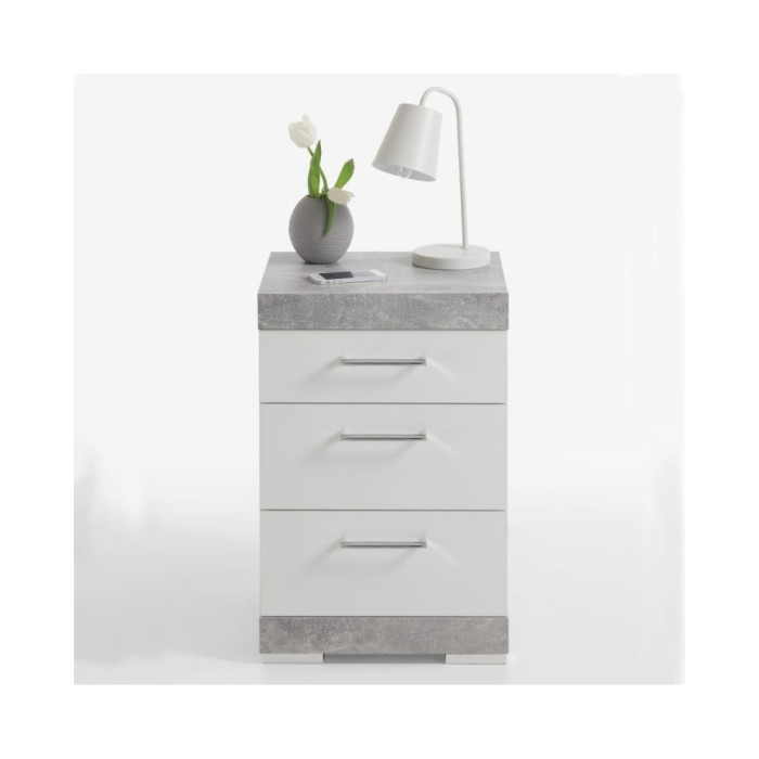 FMD Table de chevet avec 3 tiroirs Gris béton et blanc brillant