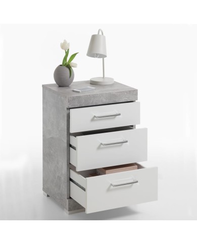 FMD Table de chevet avec 3 tiroirs Gris béton et blanc brillant