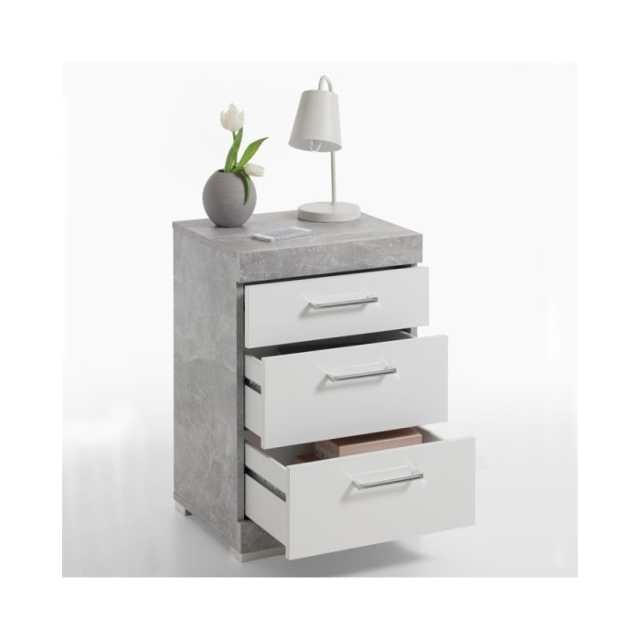 FMD Table de chevet avec 3 tiroirs Gris béton et blanc brillant