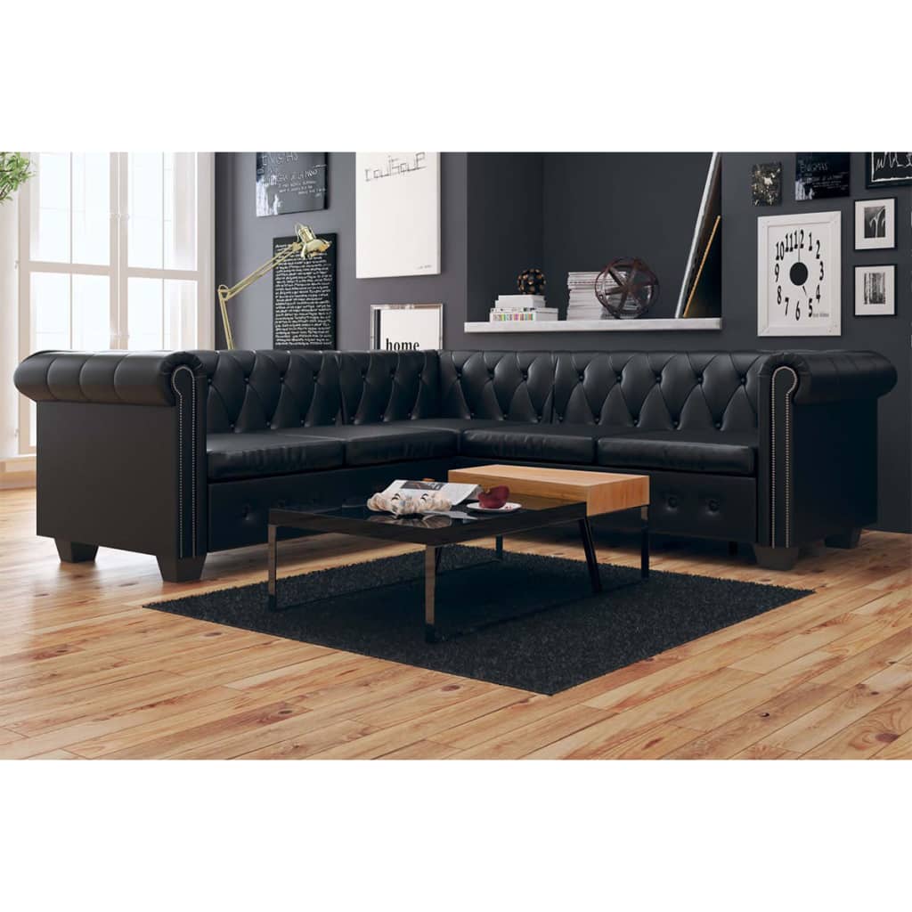  Canapé d'angle Chesterfield 5 places Cuir synthétique Noir