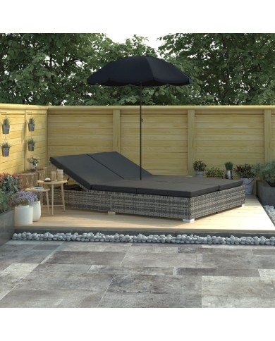 Chaise longue d'extérieur avec parasol Résine tressée Gris