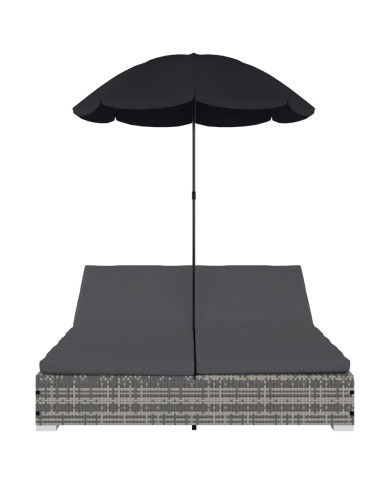 Chaise longue d'extérieur avec parasol Résine tressée Gris