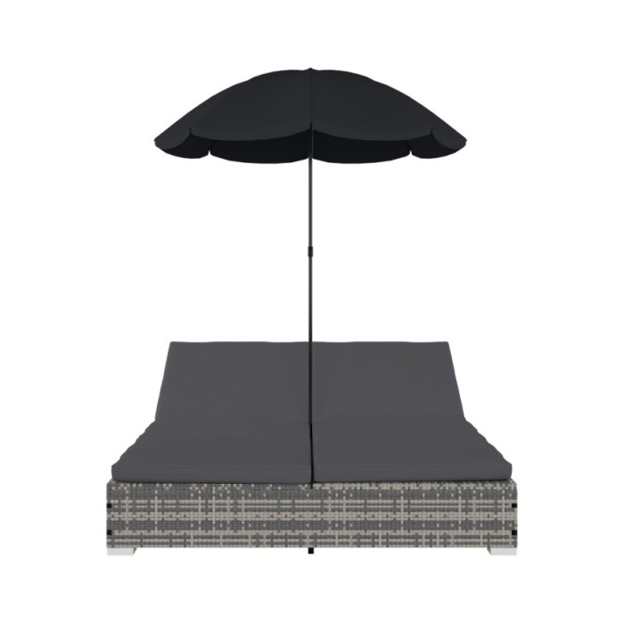 Chaise longue d'extérieur avec parasol Résine tressée Gris