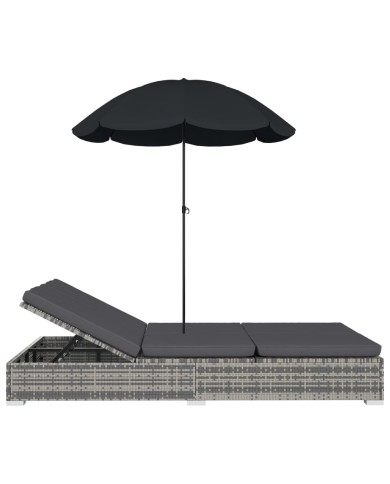 Chaise longue d'extérieur avec parasol Résine tressée Gris