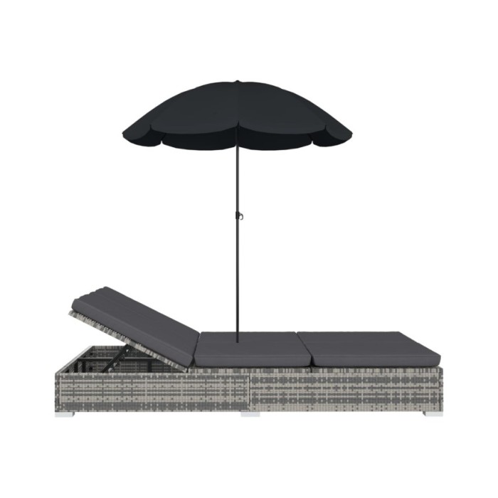 Chaise longue d'extérieur avec parasol Résine tressée Gris