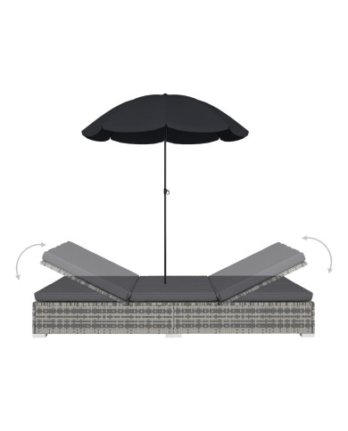 Chaise longue d'extérieur avec parasol Résine tressée Gris
