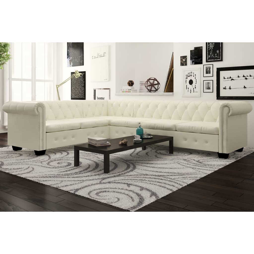 Canapé d'angle Chesterfield 6 places Cuir artificiel Blanc