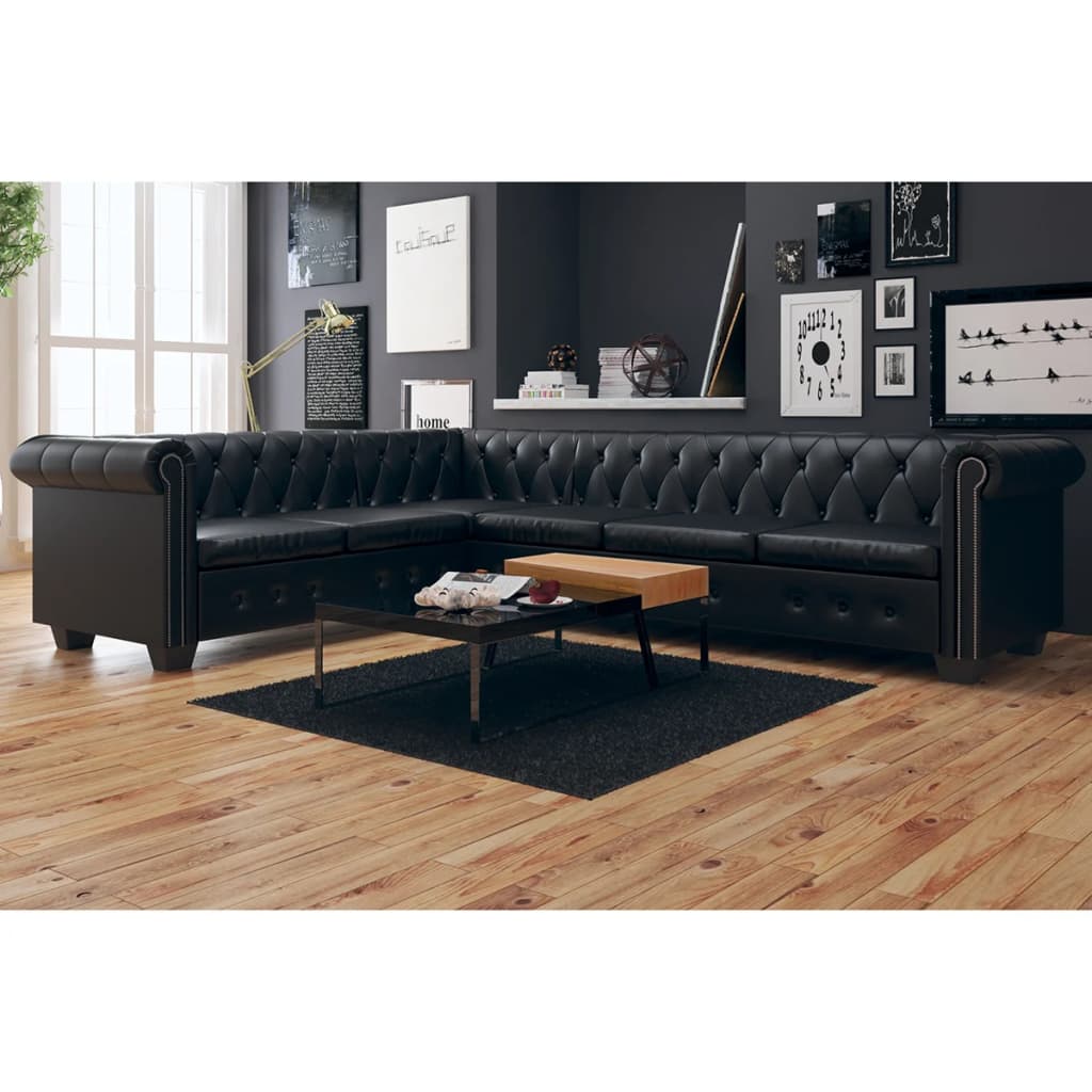  Canapé d'angle Chesterfield 6 Places Cuir artificiel Noir