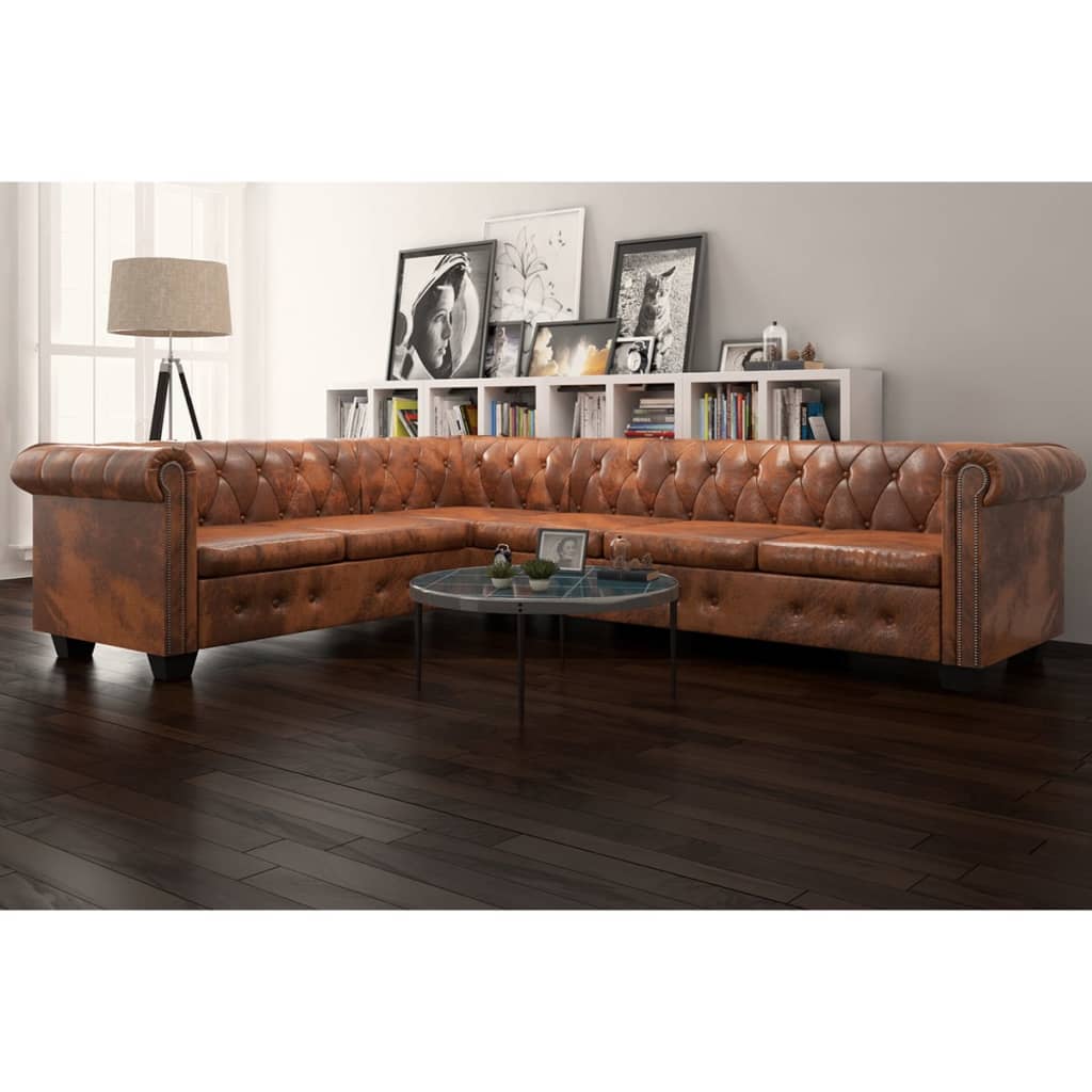  Canapé d'angle Chesterfield 6 Places Cuir artificiel Marron