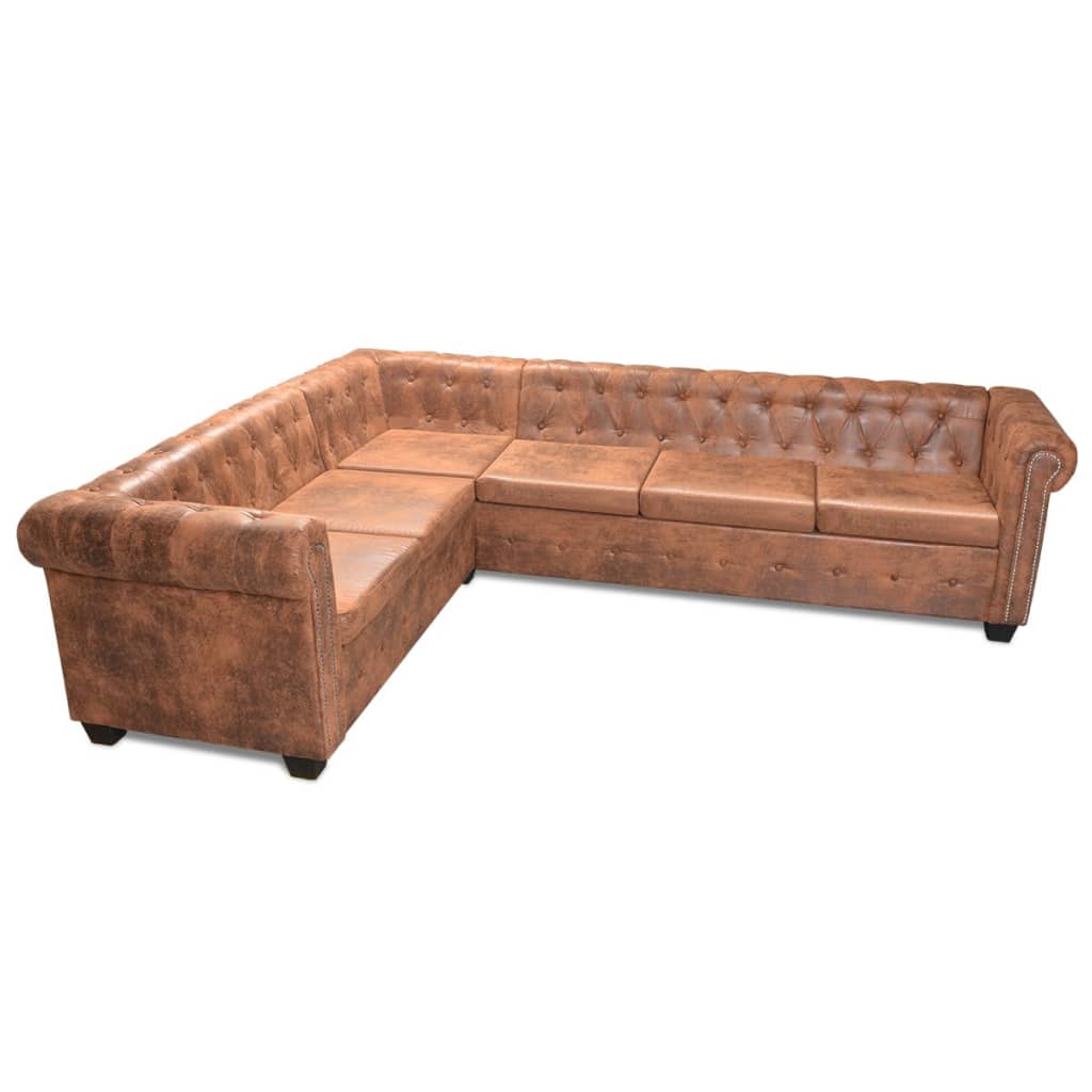  Canapé d'angle Chesterfield 6 Places Cuir artificiel Marron
