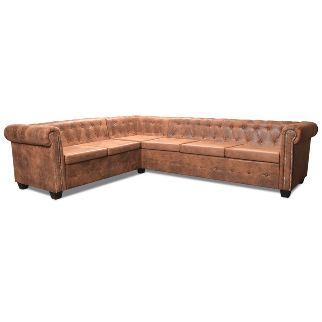  Canapé d'angle Chesterfield 6 Places Cuir artificiel Marron