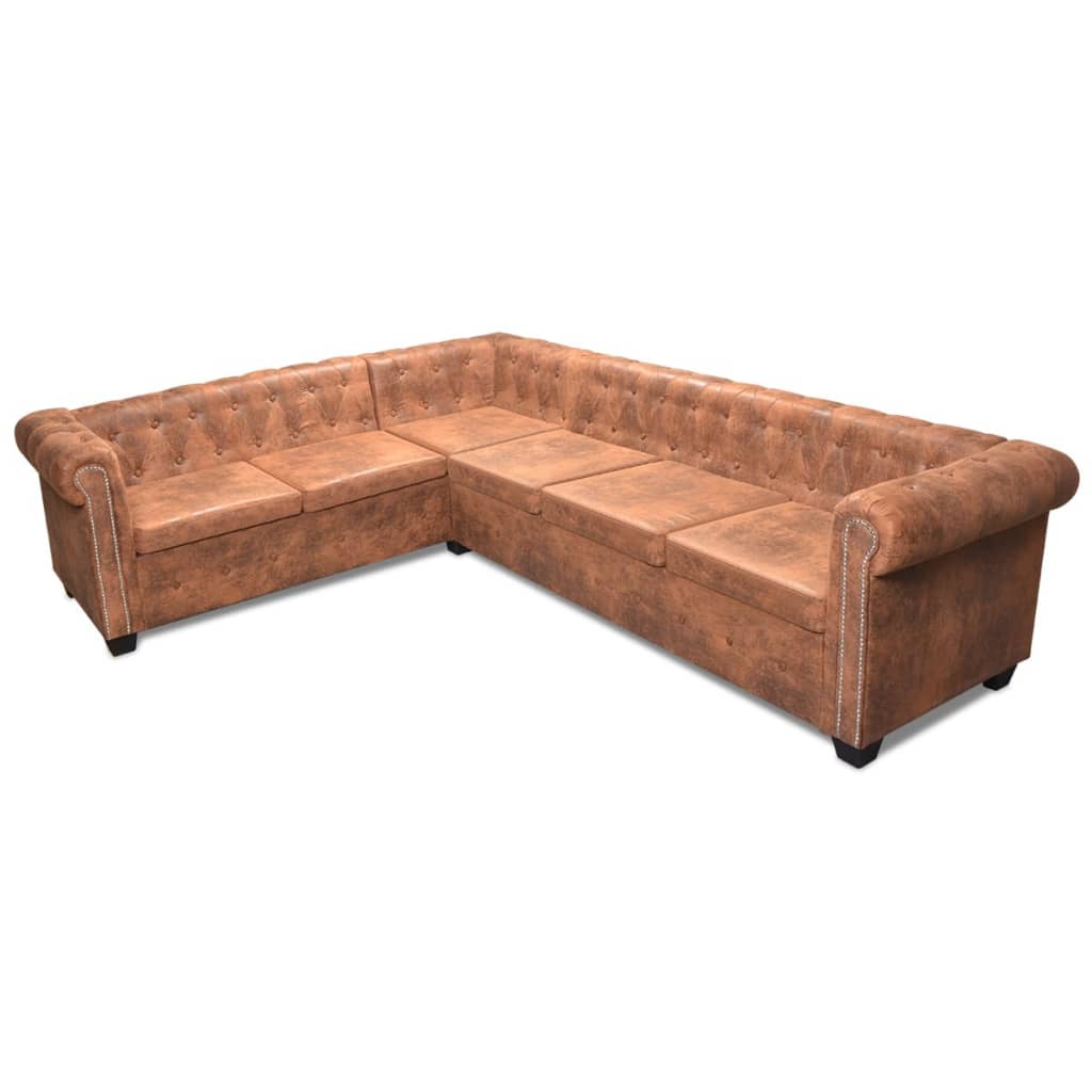  Canapé d'angle Chesterfield 6 Places Cuir artificiel Marron