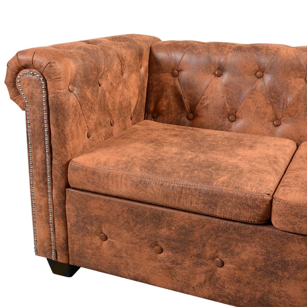  Canapé d'angle Chesterfield 6 Places Cuir artificiel Marron
