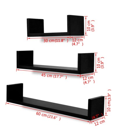 Étagères murales 3 pcs Forme de U MDF Noir