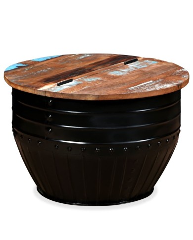 Table basse Bois de récupération massif Forme de baril Noir
