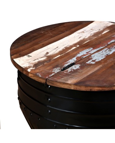 Table basse Bois de récupération massif Forme de baril Noir