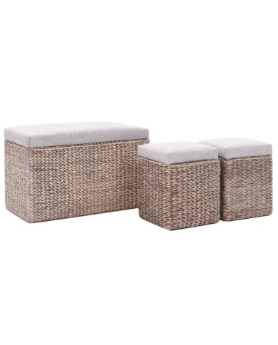 Banc avec 2 poufs Jacinthe d'eau Gris
