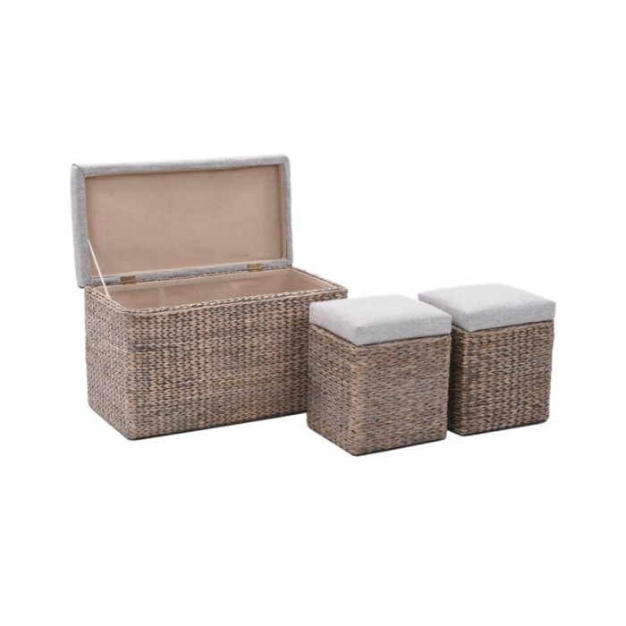 Banc avec 2 poufs Jacinthe d'eau Gris